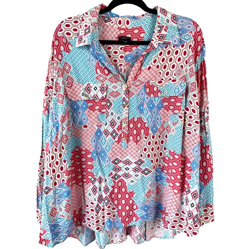 Talbots Womens Blouse XL Petites Pink Blue Patchwork Boho Rayon Cottagecore